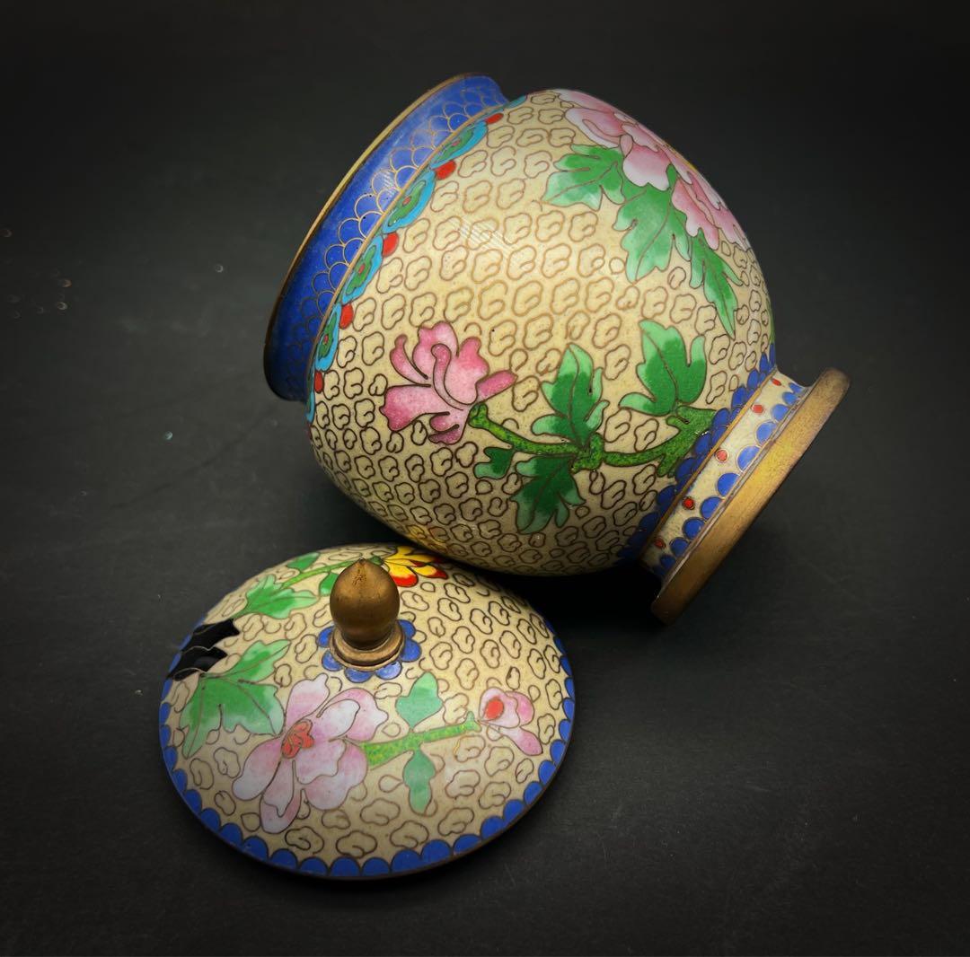 中國美術 古玩 七宝焼 景泰藍 茶葉罐 蓋置 花瓶まとめて 牡丹 梅 蝶々瓢箪
