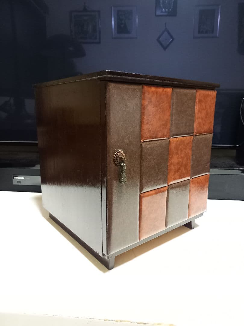 1970's　チェッカー　ブロック　デザイン　ウッド　レコード　キャビネット