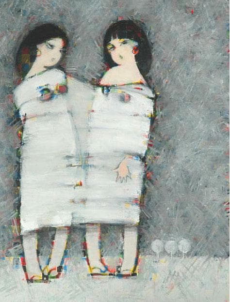 油絵 菅家令子 絵 絵画インテリア額付(青緑＋金色の枠)F6-083211女の子