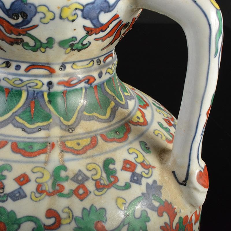 中国　大清乾隆年製　豆彩　花弁文　双耳瓶　V　R7038