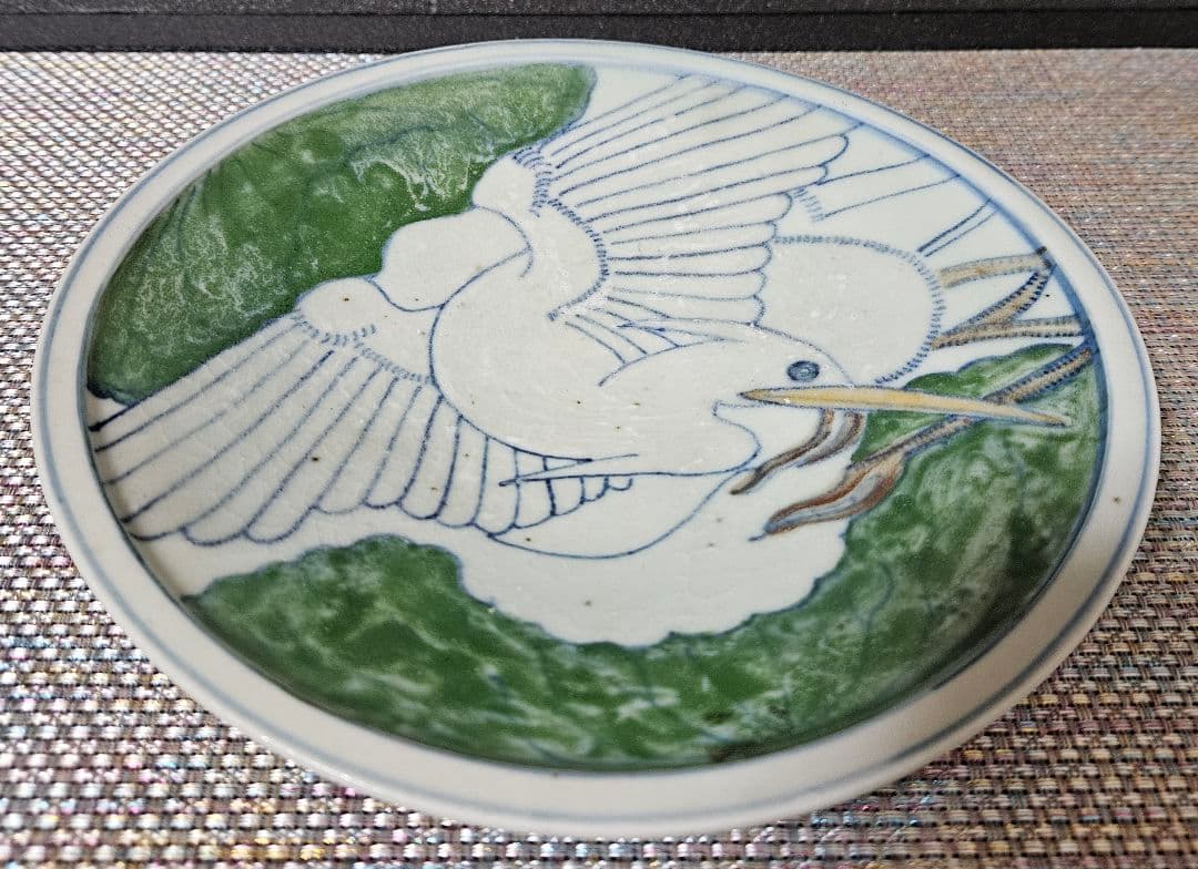 【名品❗】李氏朝鮮時代　朝鮮古美術　朝鮮古陶磁　青華緑釉　水鳥図　22.1cm皿