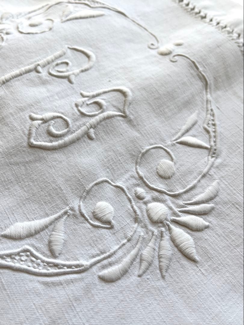 ◆フランスアンティーク｜美品手刺繍イニシャル大判リネンシーツ白マルチクロス布生地
