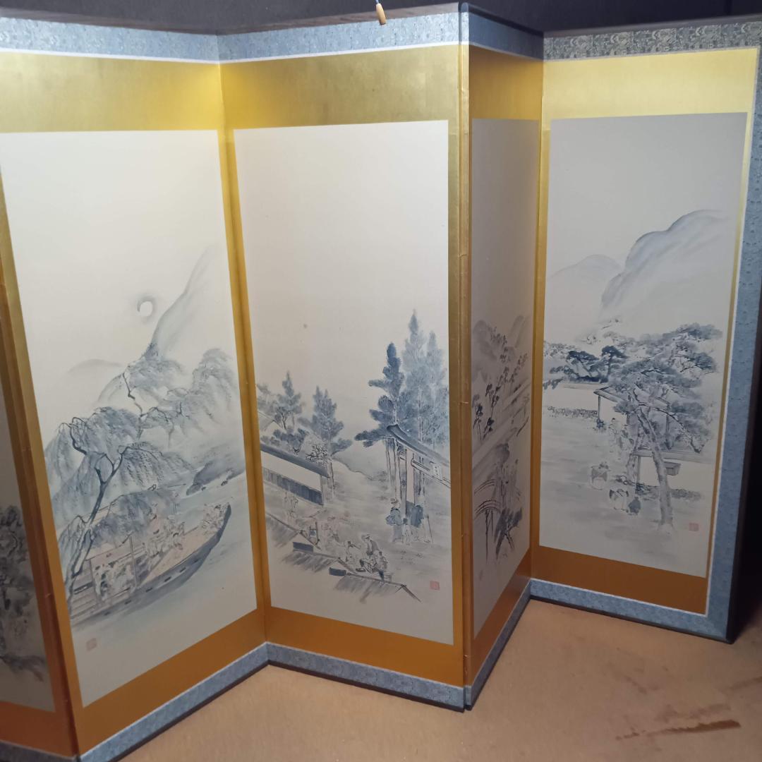 江戸時代風俗図　水墨画＆金屏風セット(175x60cm)X六曲X３枚