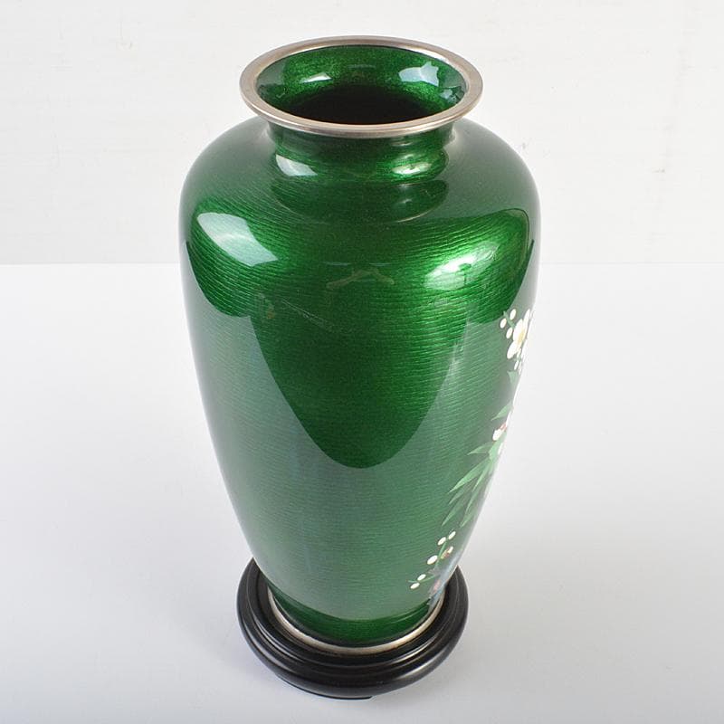 七宝焼　相互七宝造　緑光釉四君子文　七宝花瓶　唐木台付　共箱　D　R6973B