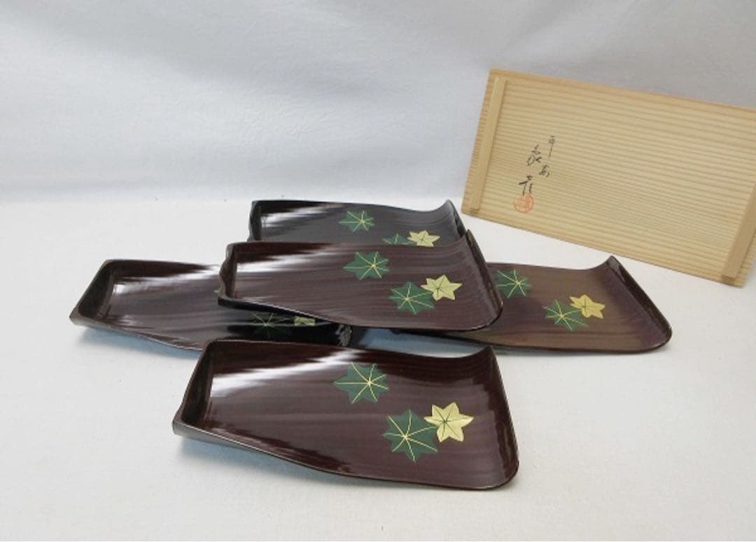 ほぼ未使用 茶道具 福竹 溜塗 金彩蒔絵 銘々皿 5客揃 竹製 干菓子盆 共箱