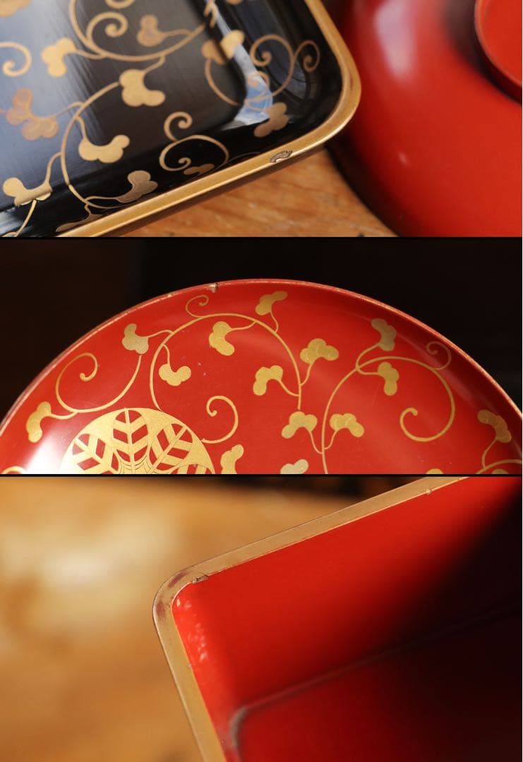 井上鷹の羽家紋　野弁当一式　時代漆芸　漆塗　金蒔絵　唐草　木製　提重