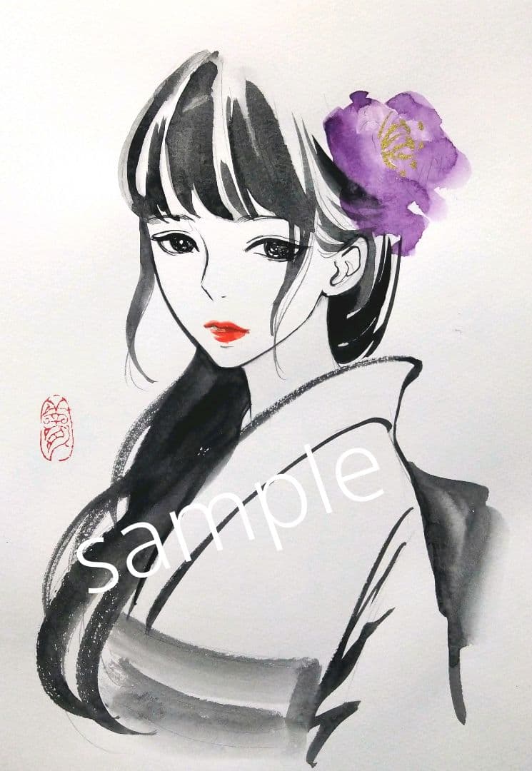 手描きイラスト　絵画　ドローイング　水彩画　　美人画　和服　装