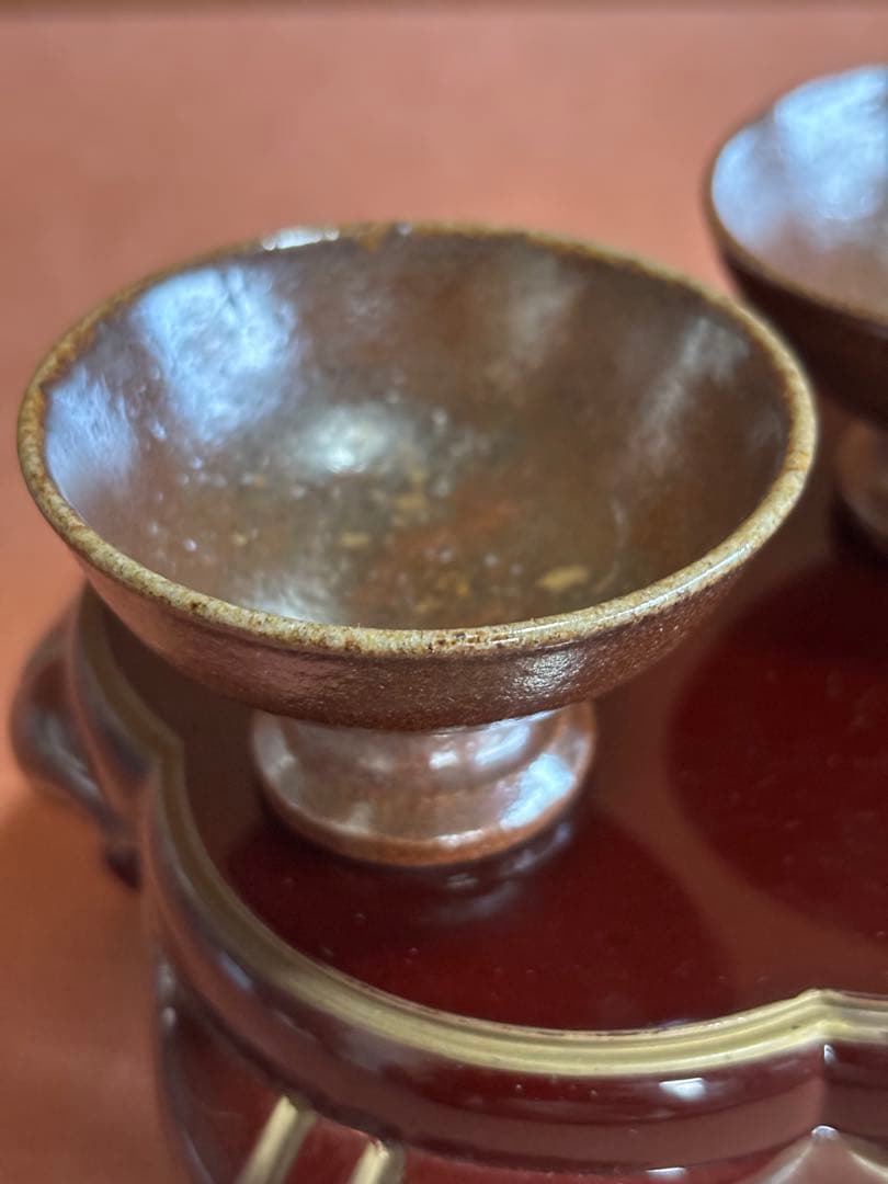 やまちゃん河井寛次郎作柿緑白釉鶴首瓶鉄釉高台盃台二客検森の初春に捧ぐ