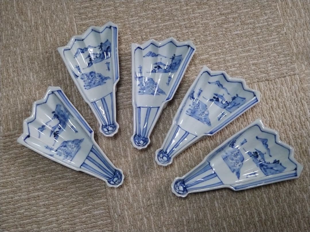 和食器　半開扇皿　末広向付　古染付　五客　共箱