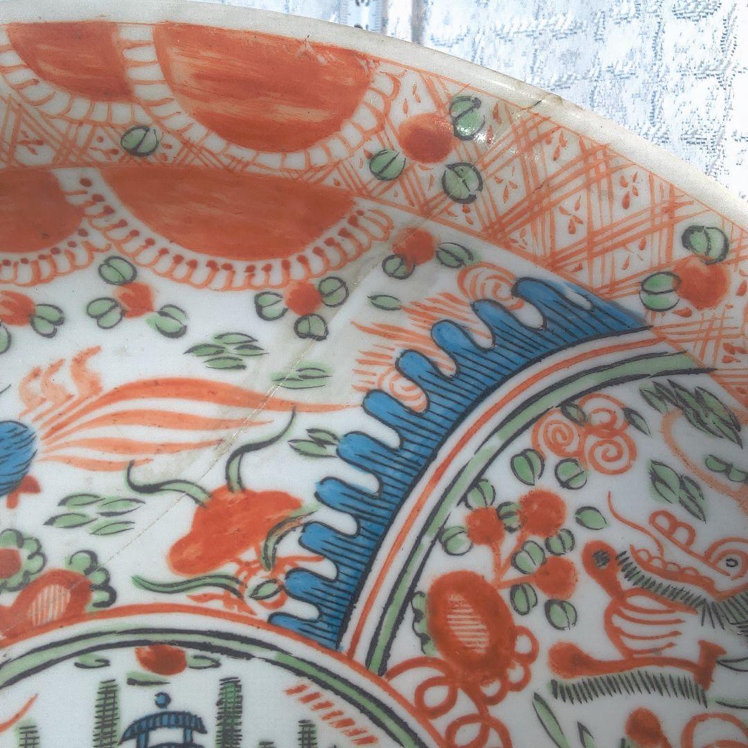 骨董６ 中国？ ひび直しあります注意多色花模様の陶器皿