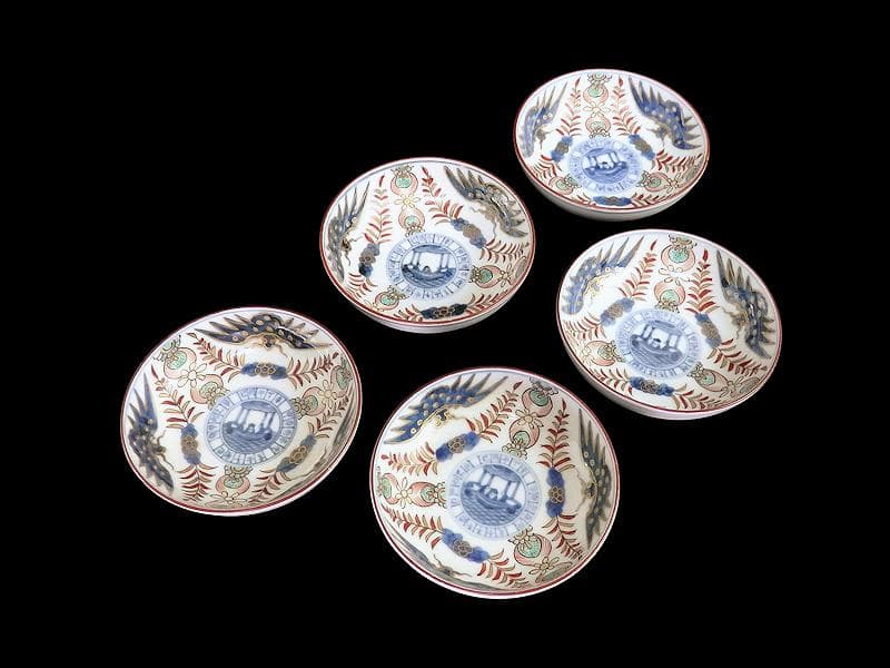 古伊万里　染錦　龍に赤壁の賦図　５枚　250AS-CXr