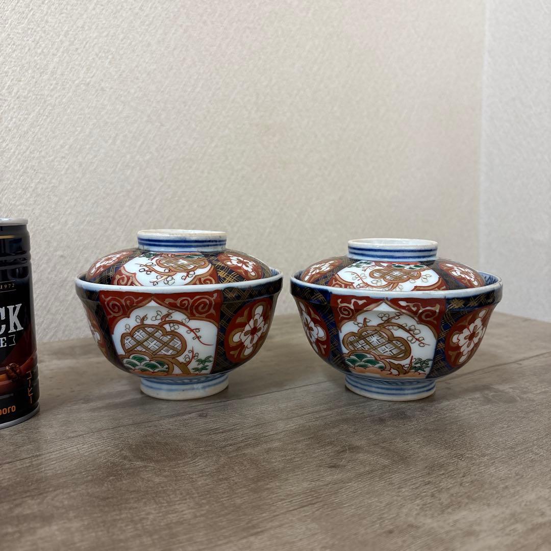 古伊万里　色絵染付間取　金襴手　丼　5客　蓋付碗　アンティーク　骨董　明治〜大正