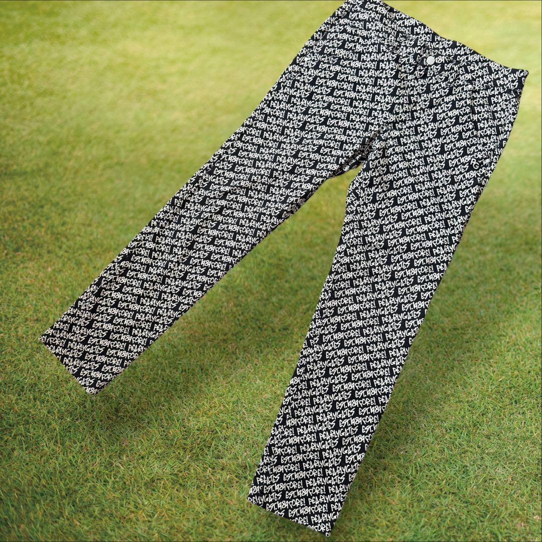 防寒　蓄熱　裏地付き　パーリーゲイツ　パンツ　総柄　M〜L相当　紺　白　4