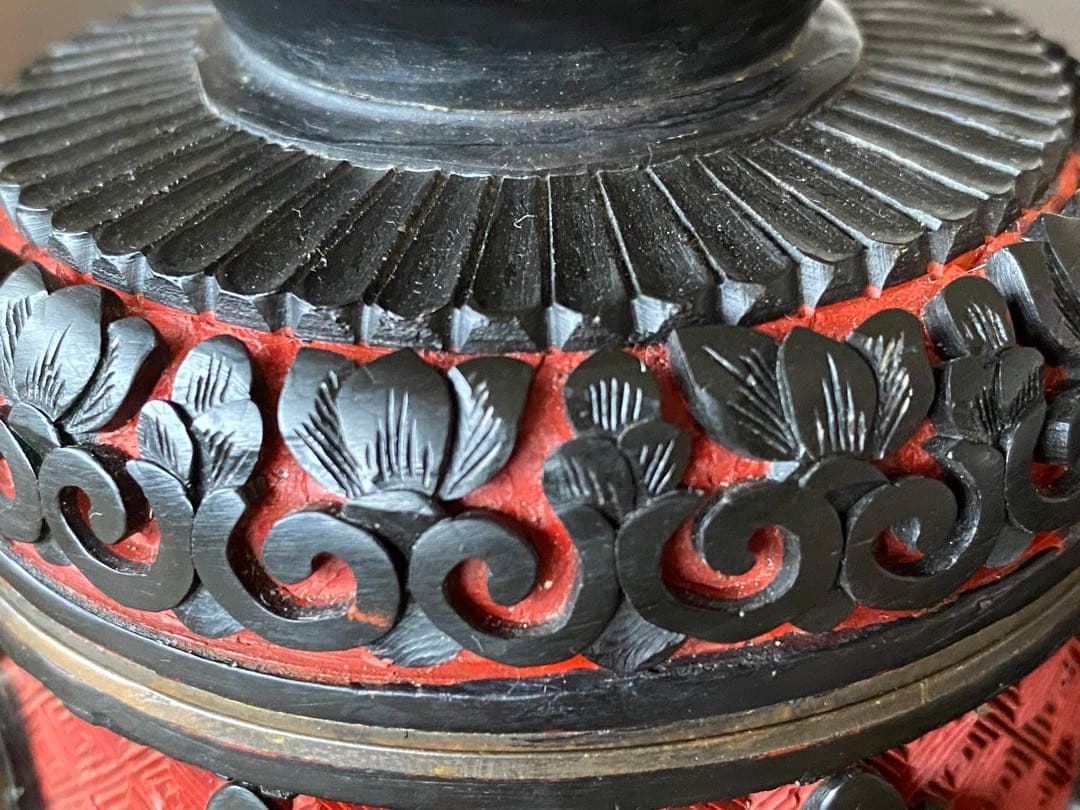 未使用　中国古玩　中国工芸美術品茶器茶道具　堆黒彫漆セット トレー付き