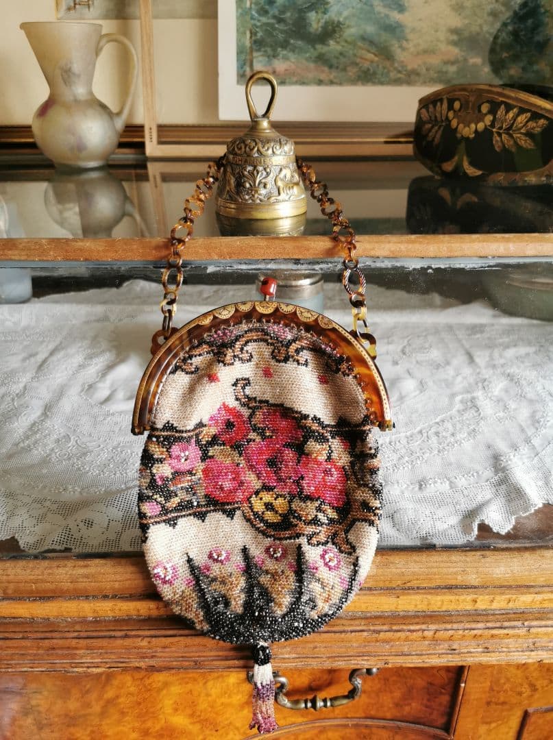 アンティーク マイクロベビービーズ花刺繍レース編巾着バッグ アールヌーボー
