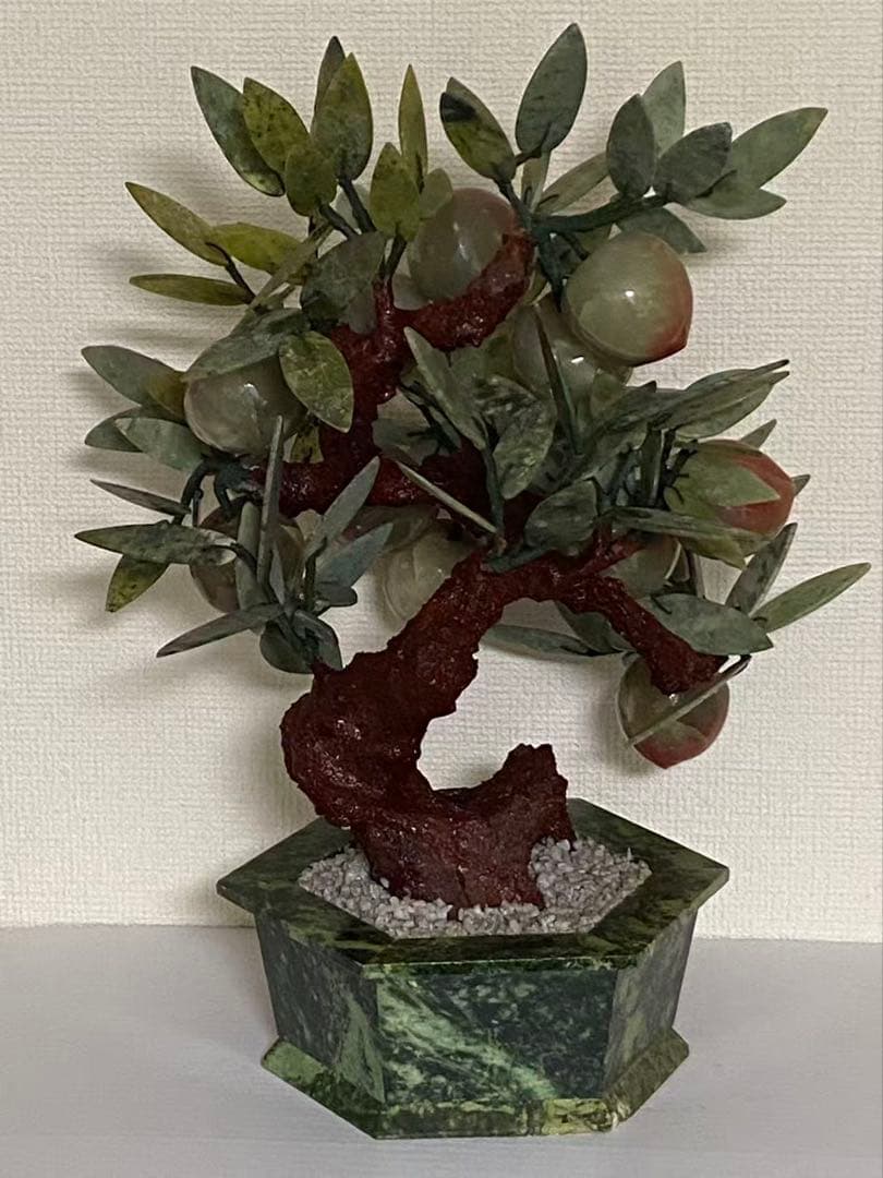 中国美術 玉石翡翠 天然石 桃の木 年代物 盆栽桃樹 玉石 置物