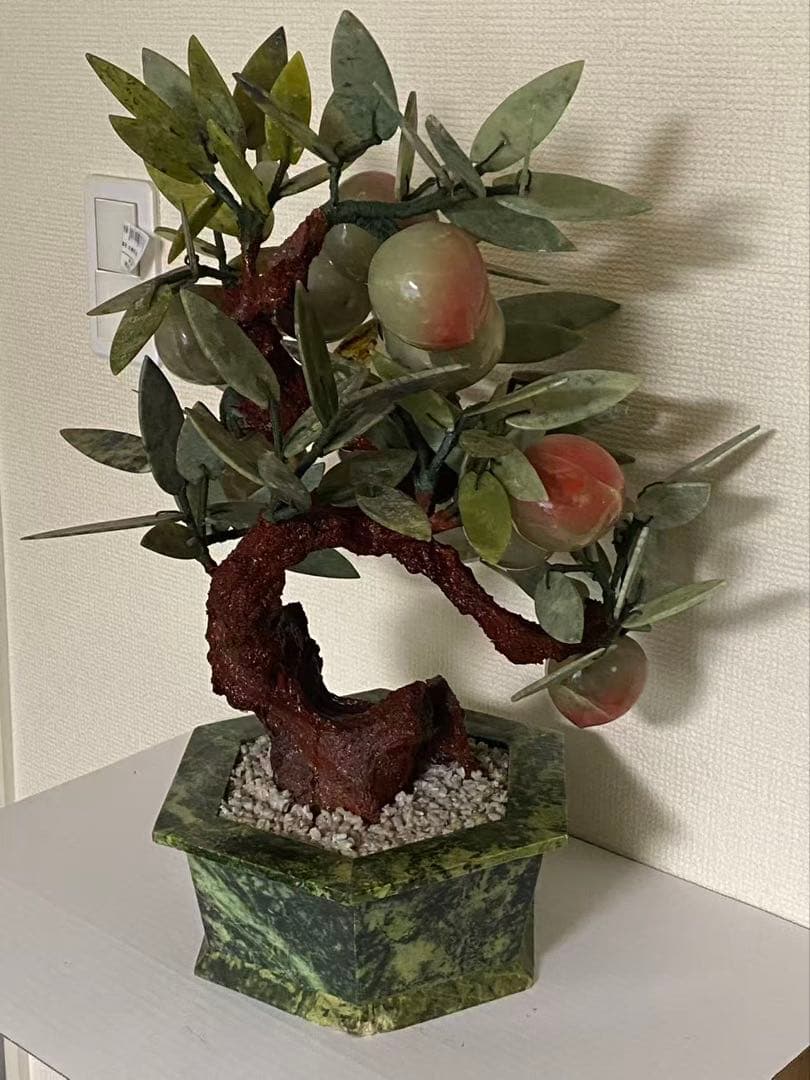 中国美術 玉石翡翠 天然石 桃の木 年代物 盆栽桃樹 玉石 置物