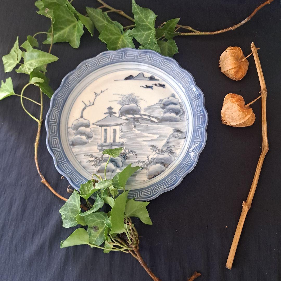 「輪花(りんか)皿のリズム」 古伊万里染付皿(直径20cm) 骨董アンティーク