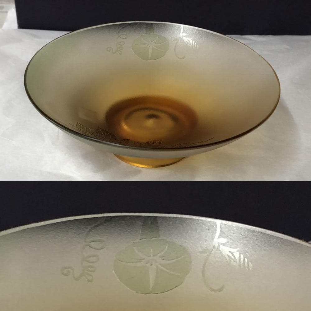 e2986 ガラス 平茶碗 在銘 朝顔図 アサガオ 抹茶碗 硝子 茶碗 茶道具