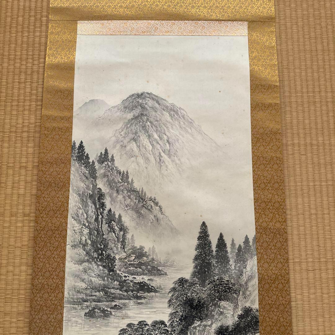 箱付き 水墨山水 掛軸 茶道具 和室 茶室 工芸品 アンティーク 書 日本