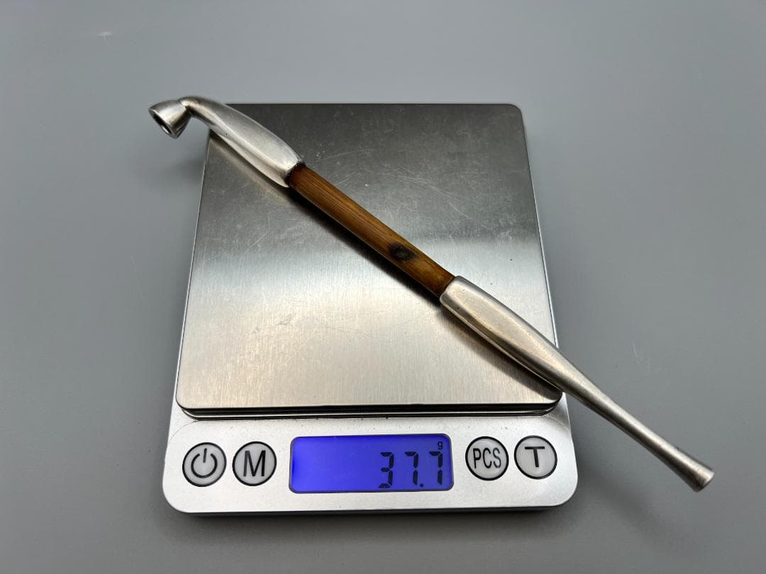 江戸明治時代　月と動物鉄金具　水晶玉根〆　純銀製キセル　重量約125g