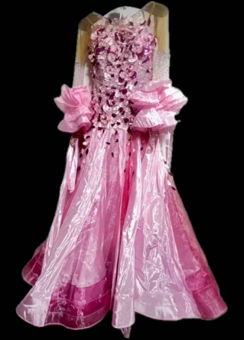 社交ダンスドレス 長袖 スタンダード ピンク フラワー装飾