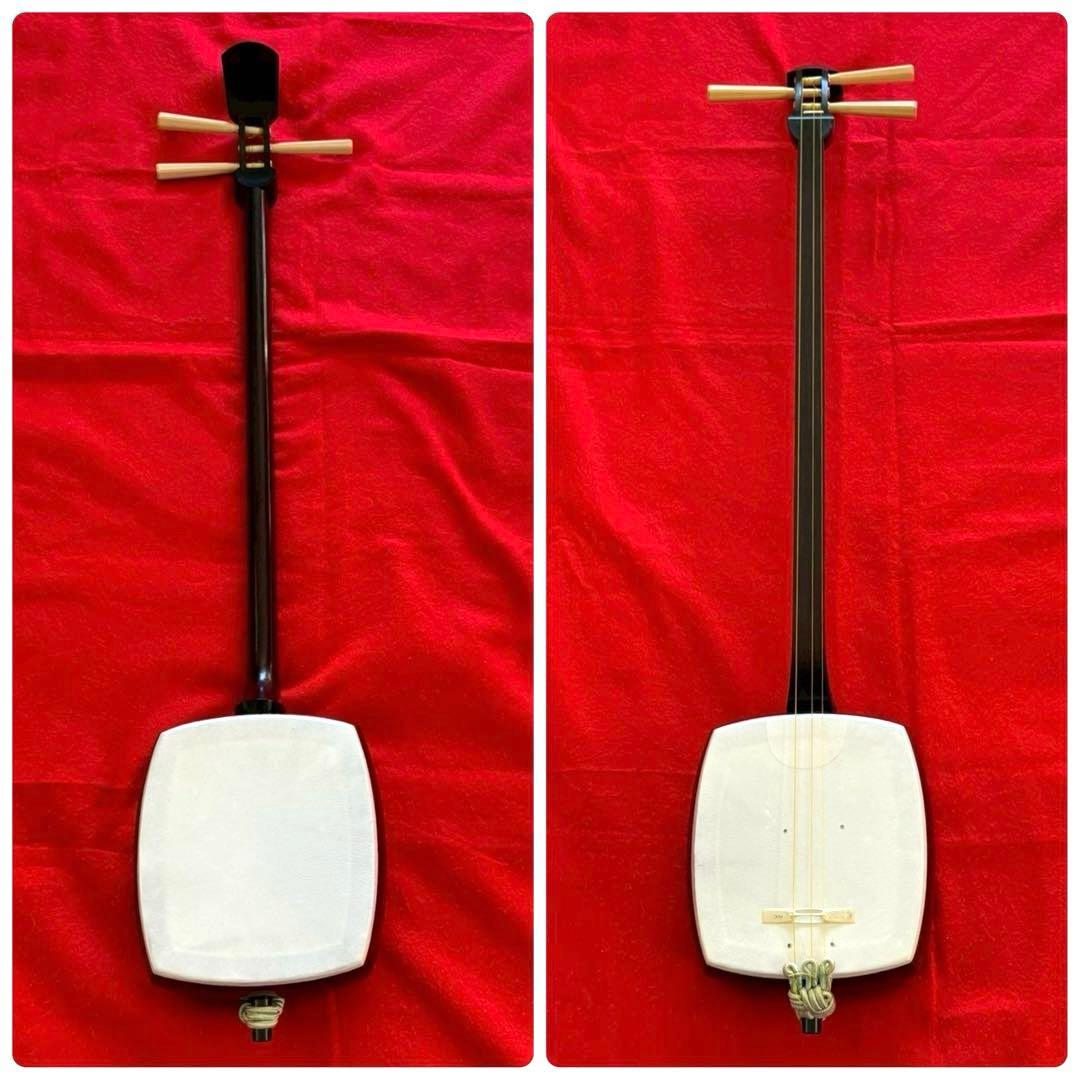 中棹 長唄三味線 紅木 金細 三つ折り 子持ち綾杉胴 犬皮 両面 ハードケース付