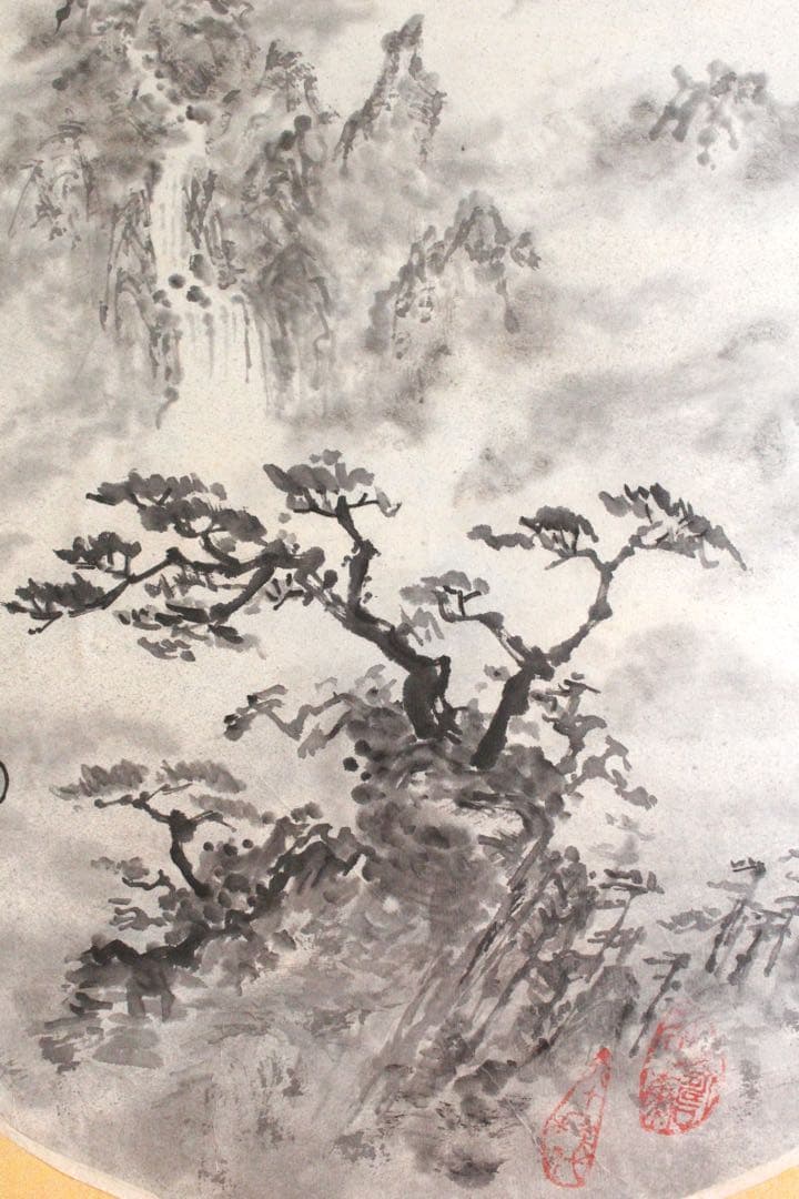 No5189 掛軸　扇面　黄山雲海　⚪︎日山景　紙本　中国画　書画　墨跡　送料無料