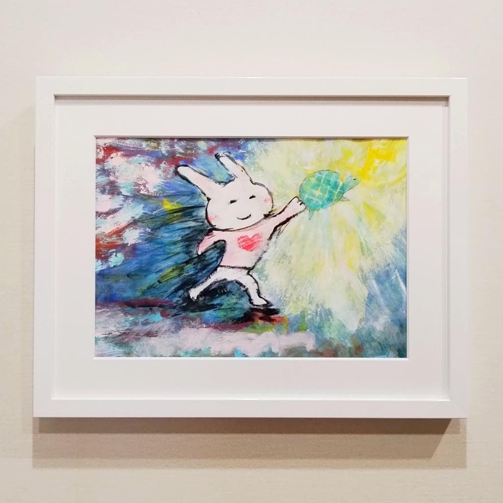 内野隆文　カミナリ　うさぎ　亀　絵画　ドローイング　現代美術　額付　真作
