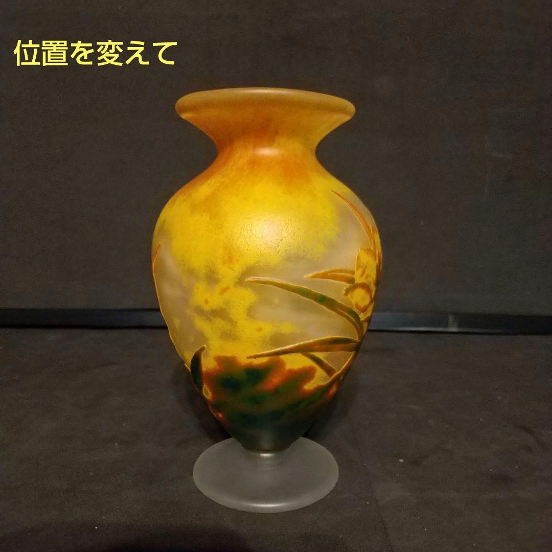 被せガラス風景花絵画 花瓶 ガレ風 工芸ガラス カメオ彫り
