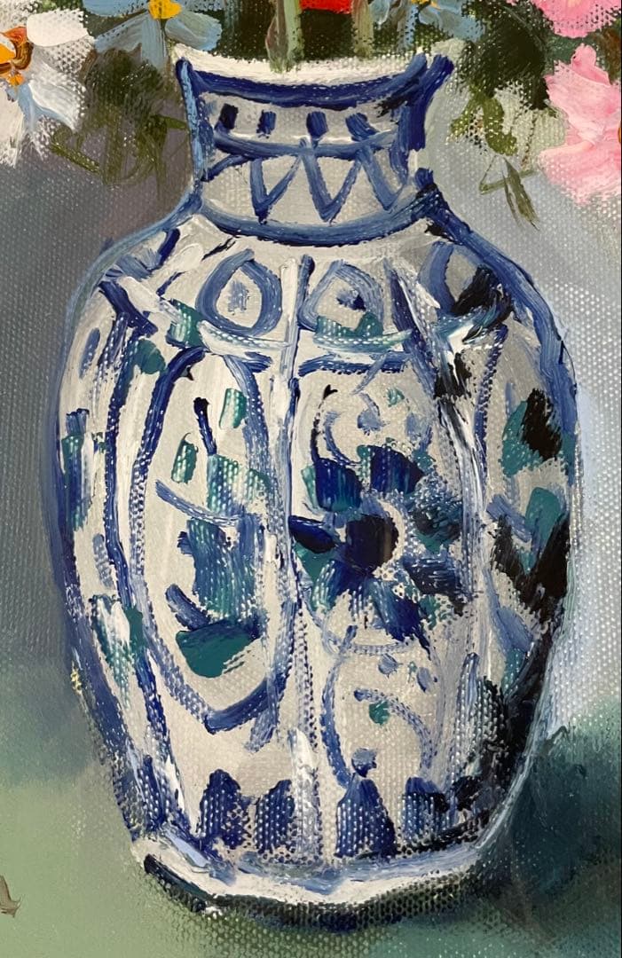 思川　松原功　油彩　コスモス　花瓶　直筆サイン　裏書有り　w661