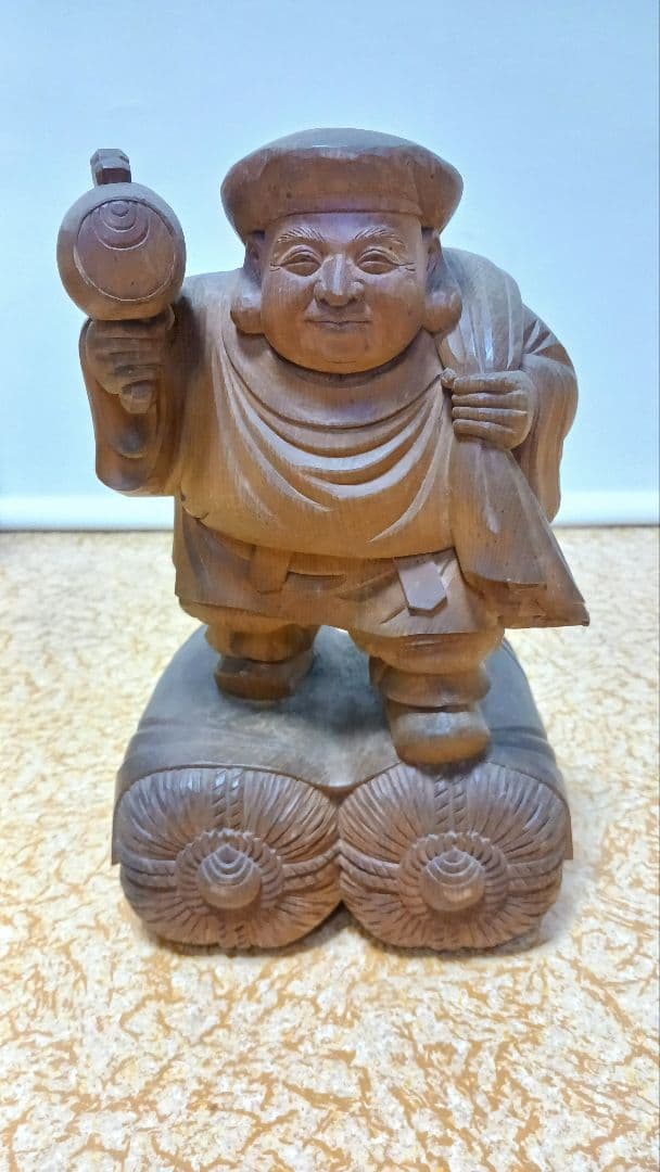 木彫　廣元作　【大黒天】　在銘　 七福神　 縁起物　 大黒様　木像　仏像　共箱