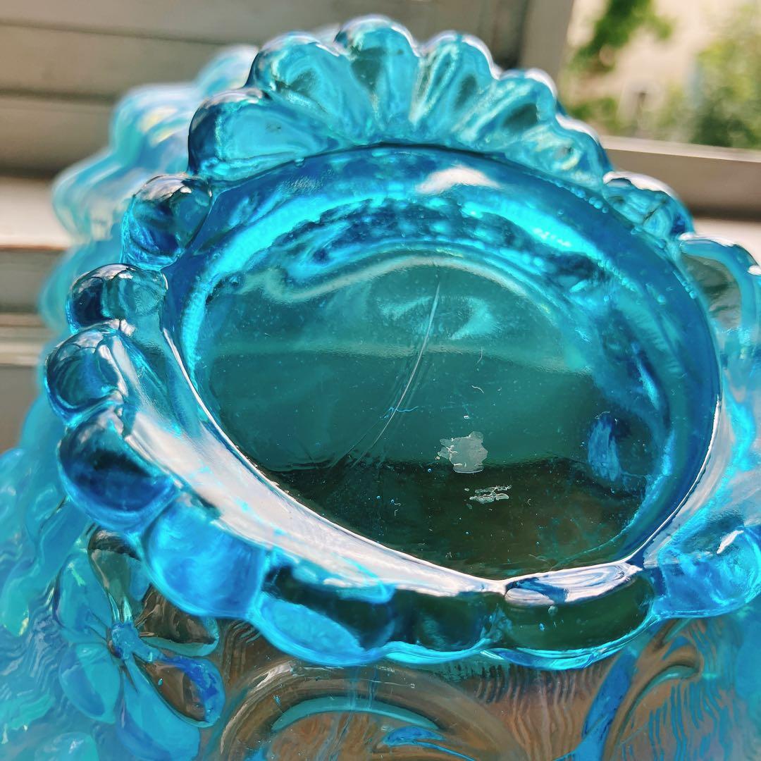 美品 ボーモント・フェントン社 ブルーオパルセント ウランガラス フリル ボウル