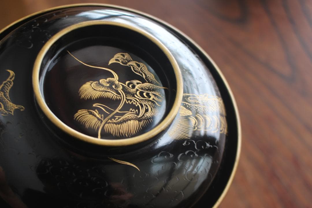 時代逸品！時代金縁黒漆に極上龍富士山沈金の映えるお椀2点（検輪島塗沈金椀懐石椀