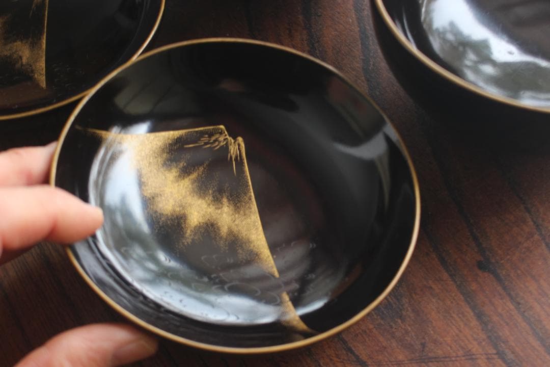 時代逸品！時代金縁黒漆に極上龍富士山沈金の映えるお椀2点（検輪島塗沈金椀懐石椀