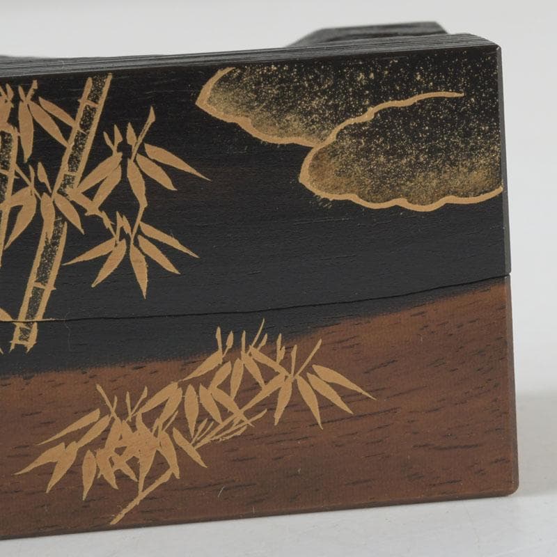 茶道具　加賀蒔絵師　国本勝彦作　黒柿　竹林蒔絵　割香合　共箱　V　9846