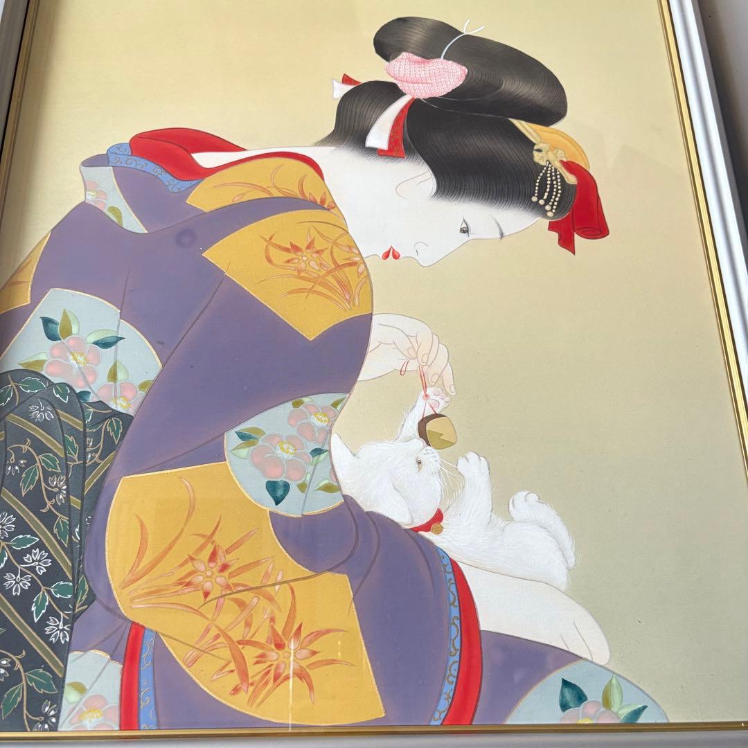 堀江浮水 (堀江豊生)「愛猫」額装 共シール 美人画 日本画 A