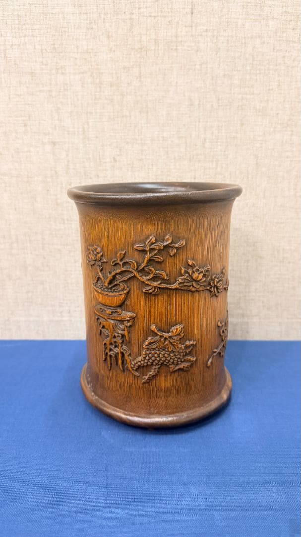 竹彫 花文楼閣図 筆筒型花器　文房具　古美術