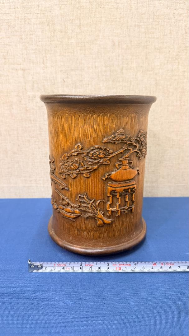 竹彫 花文楼閣図 筆筒型花器　文房具　古美術