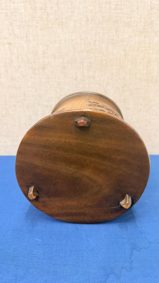 竹彫 花文楼閣図 筆筒型花器　文房具　古美術