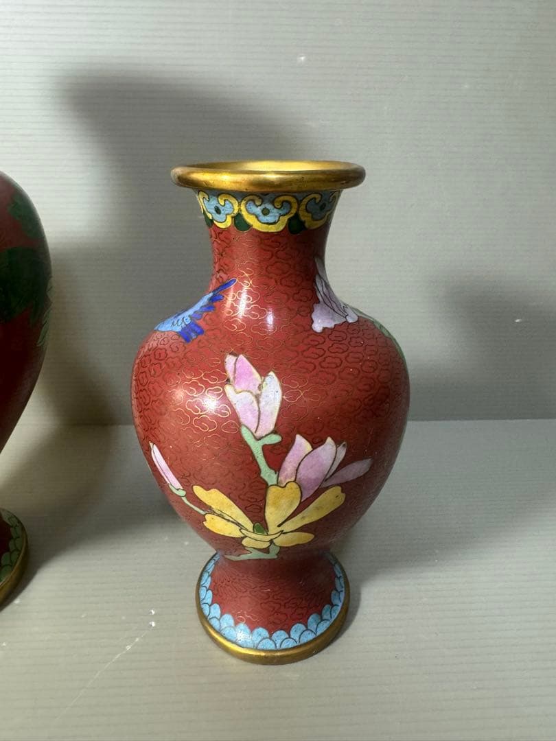 2492 七宝焼　景泰藍　琺瑯　花瓶　2客