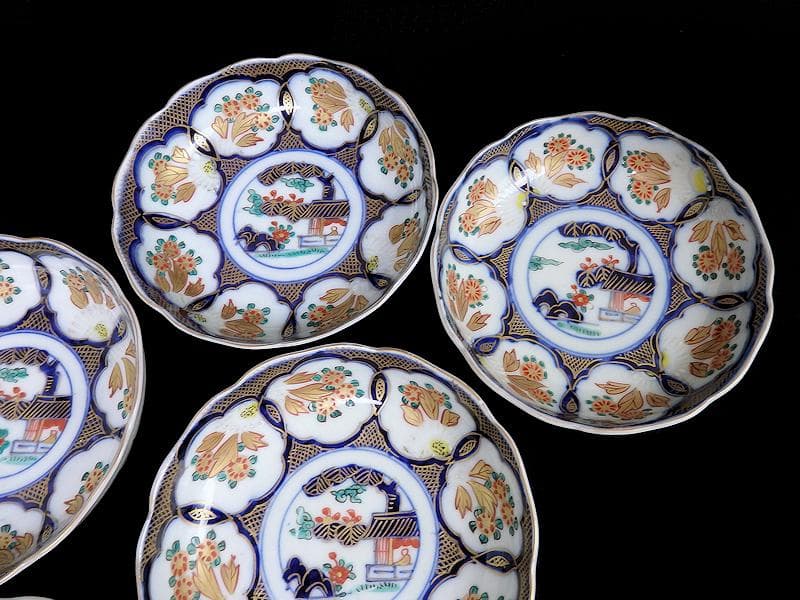 古伊万里　金襴手　陽刻　窓絵　花の図　膾皿　５客　E113AS-fbfr