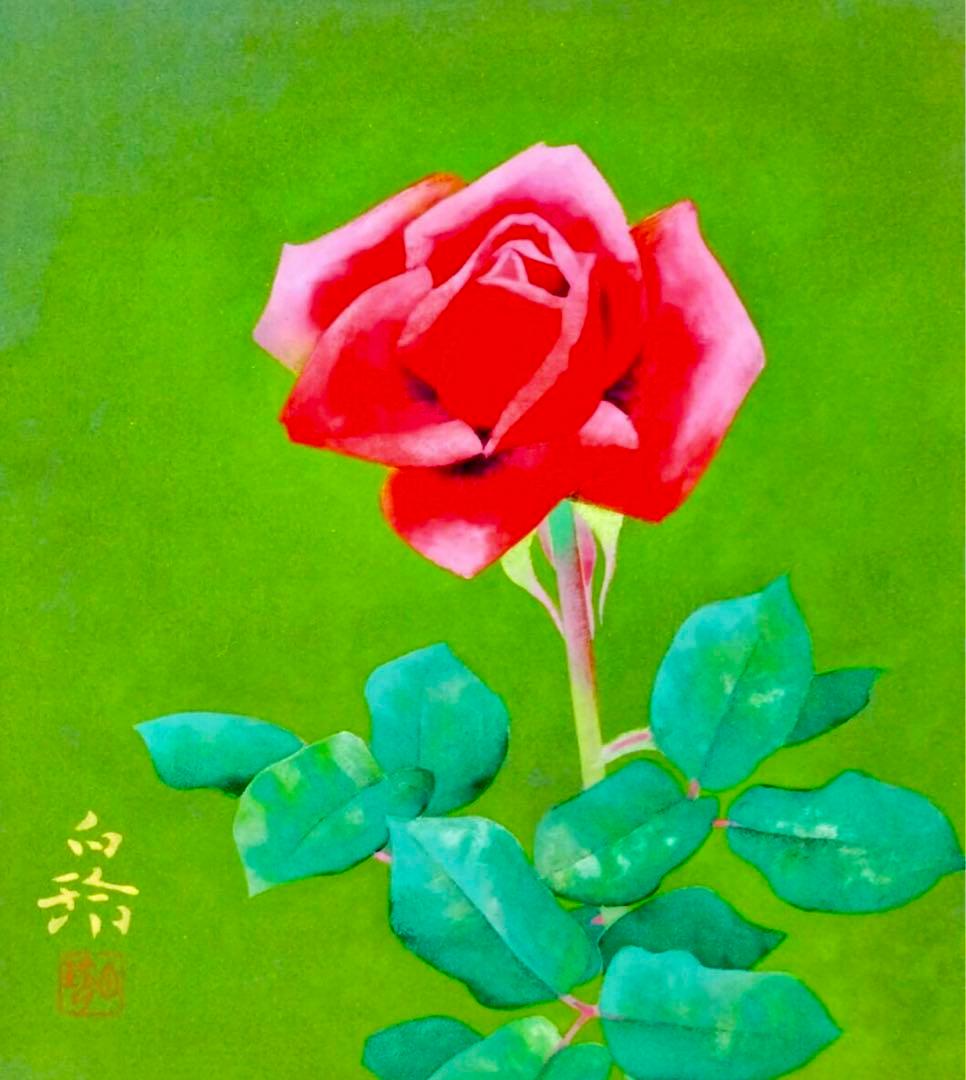 中村白玲「薔薇」日本画 日展会友 金落款/共シール付 額装美品