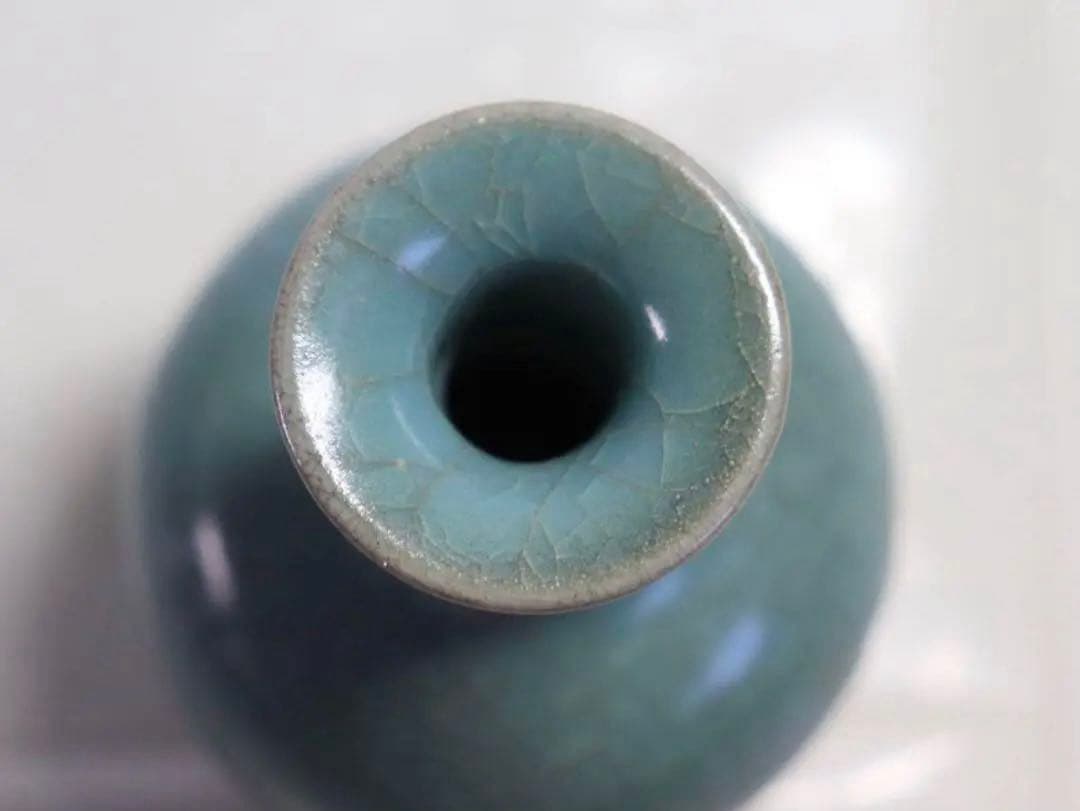 中国　宋時代　天青釉汝窑冰片纹长颈瓶　青磁長頸瓶　七官青磁