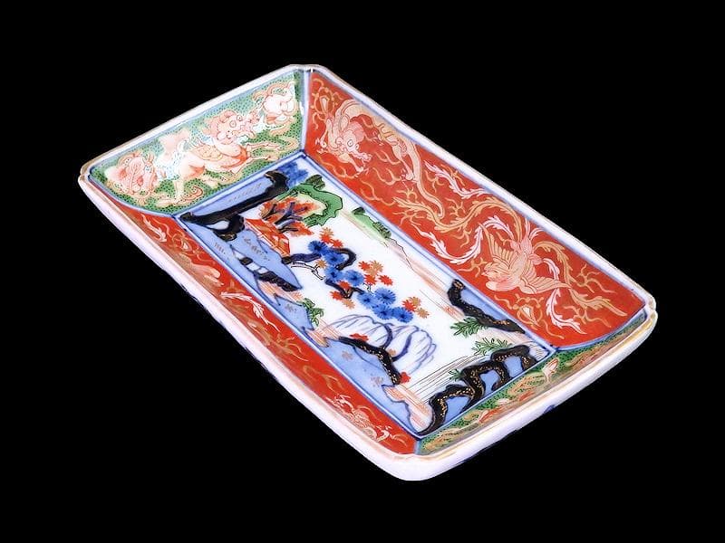 大聖寺伊万里　金襴手　龍に鳳凰　山水紋の図　長皿　356AS-DBl