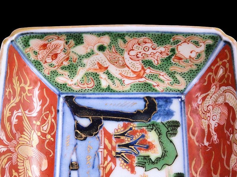 大聖寺伊万里　金襴手　龍に鳳凰　山水紋の図　長皿　356AS-DBl