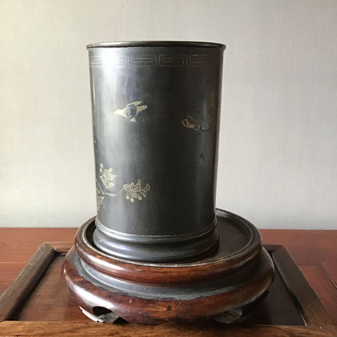 古銅地　木蓮花極細密象嵌　　筆筒　　明治期