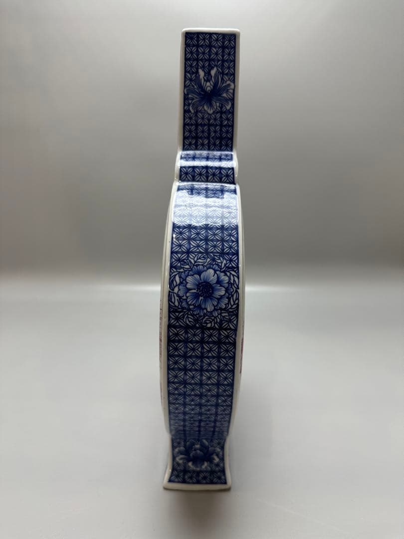 中国 春月作 山水細密画 扁壷 瓶 高23.5cm