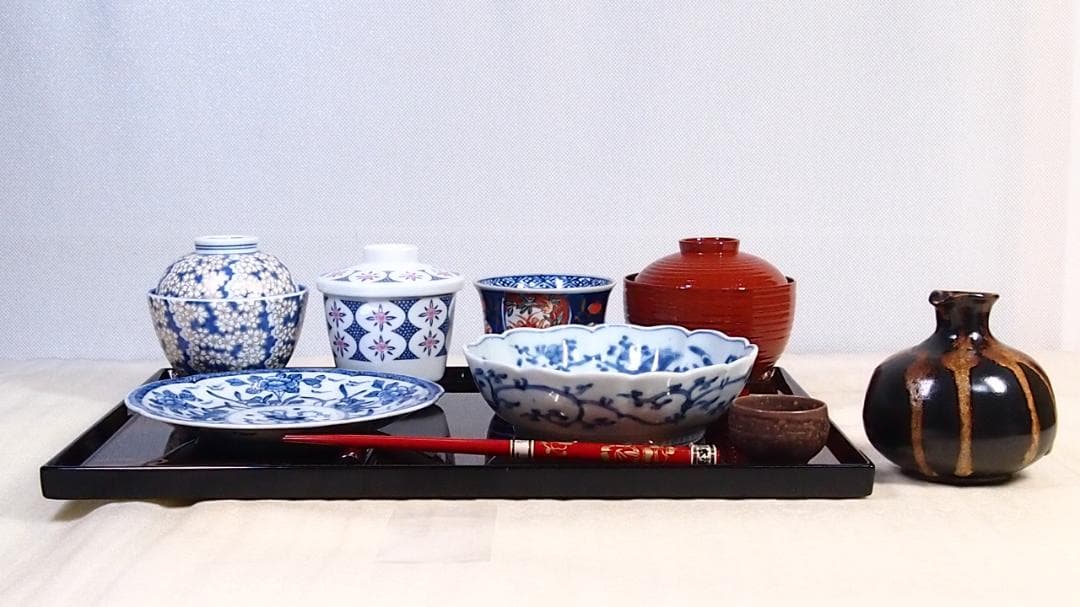 【良品】輪島塗 長手脇引膳 5客 梨地霞/波蒔絵 卓上膳/懐石膳/会席膳 漆器