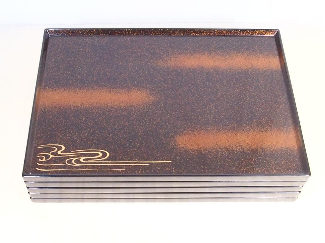 【良品】輪島塗 長手脇引膳 5客 梨地霞/波蒔絵 卓上膳/懐石膳/会席膳 漆器